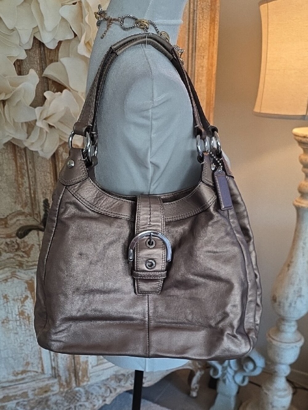 Coach Metallic Bronze/ Gold Leather Shoulder Bag with Silver Hardware - Picture 2 of 14